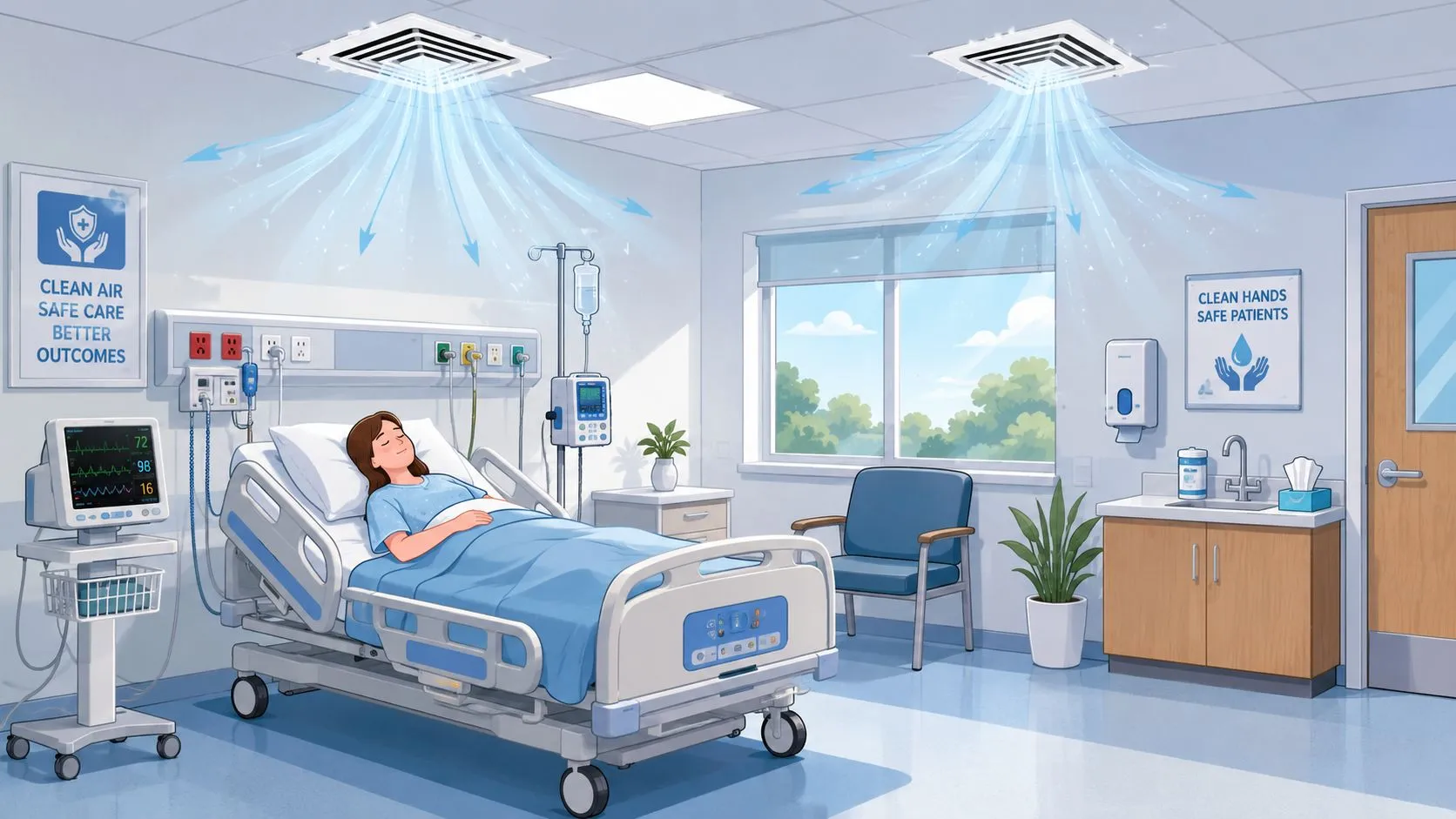 Una habitación de hospital ilustrada con una paciente en cama y sistemas de ventilación en el techo.
