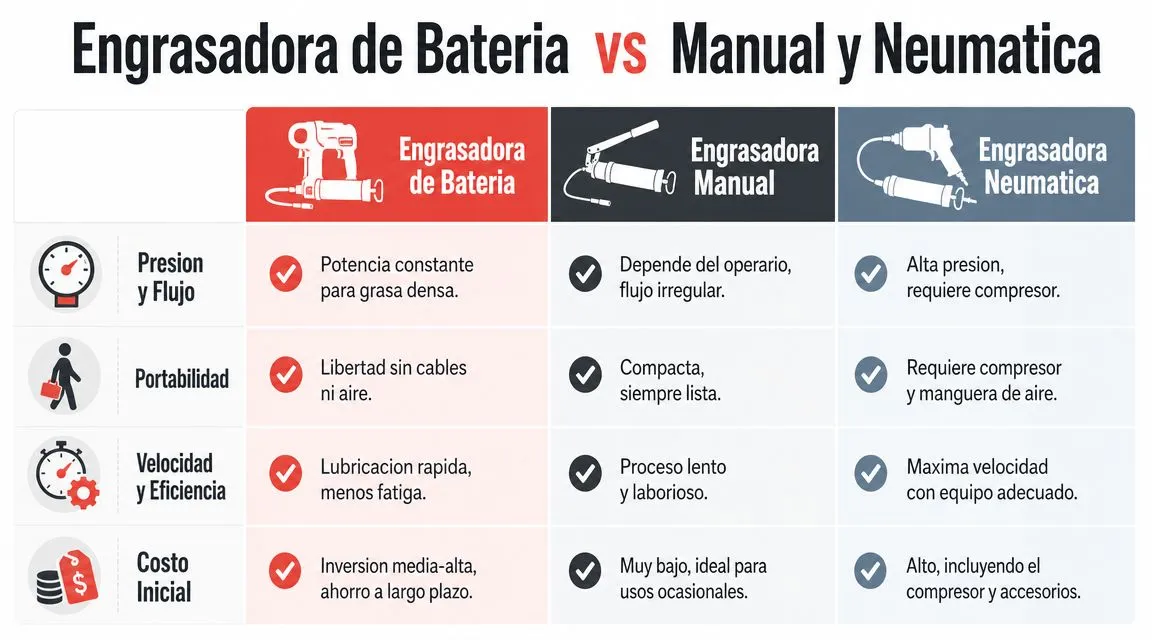 Tabla comparativa de engrasadoras de batería, manuales y neumáticas analizando presión, portabilidad, eficiencia y costo inicial.