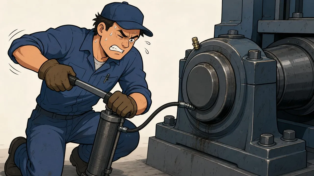Un mecánico esforzándose mientras usa una bomba de engrase manual para lubricar una pieza de maquinaria industrial grande.