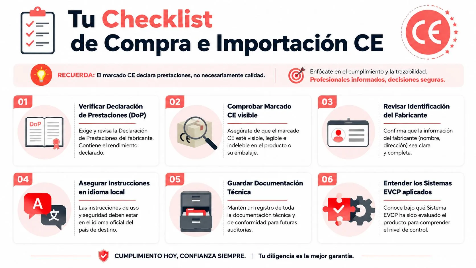 Infografía con una lista de verificación esencial para la compra e importación segura de productos con marcado CE.