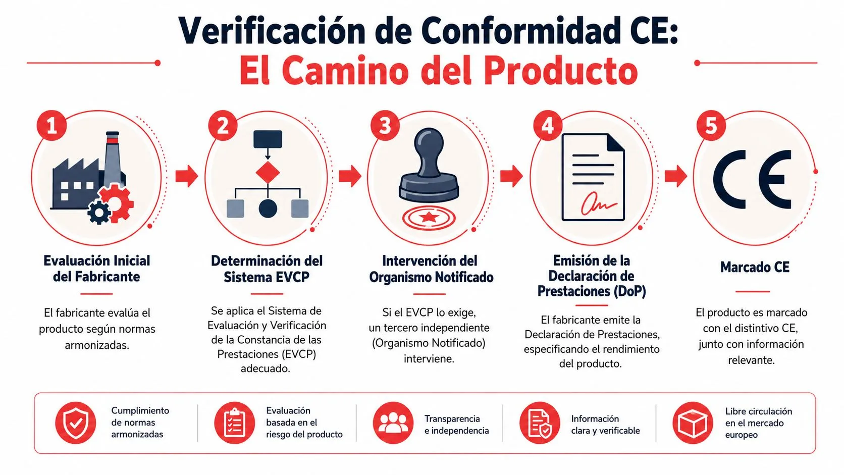 Infografía que explica los cinco pasos del proceso de verificación de conformidad CE para productos de construcción.