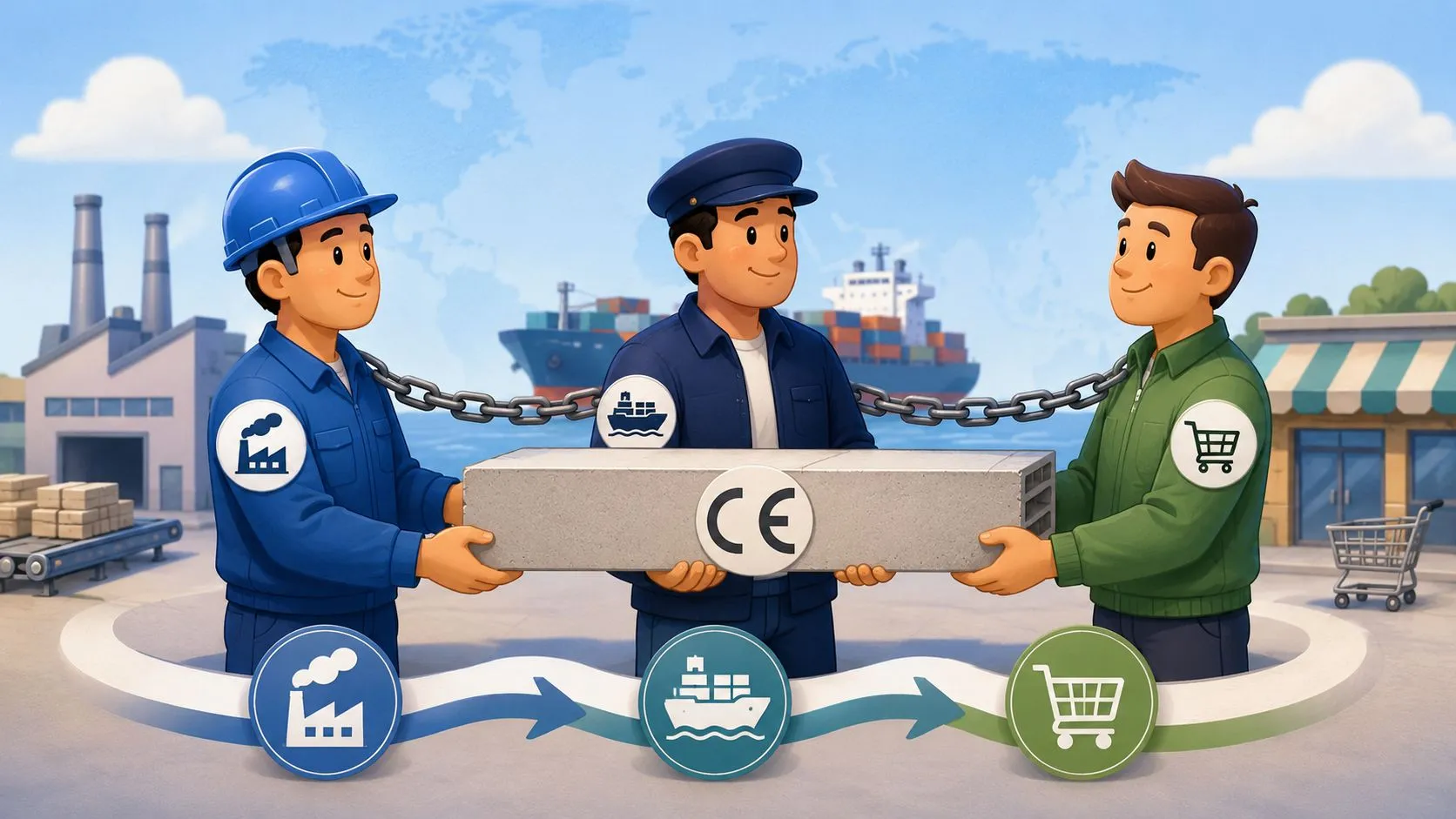 Representación ilustrada de la cadena de suministro, transporte y distribución comercial de productos con marcado CE.