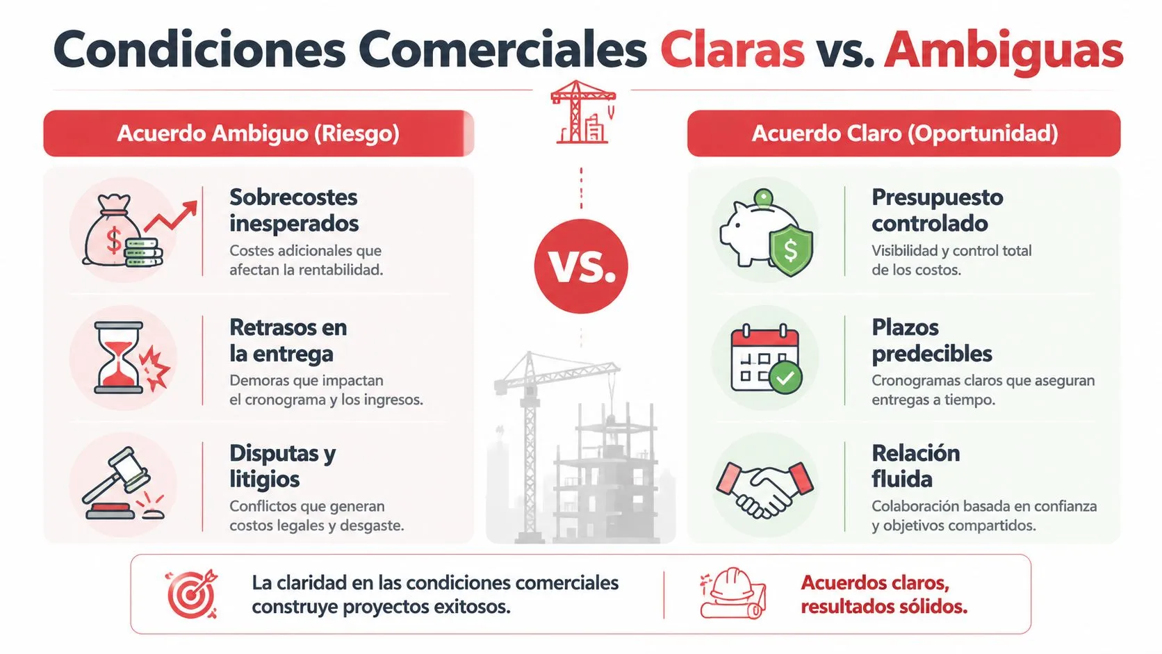 Infografía comparativa entre acuerdos comerciales ambiguos y claros en proyectos de construcción y gestión de negocios.