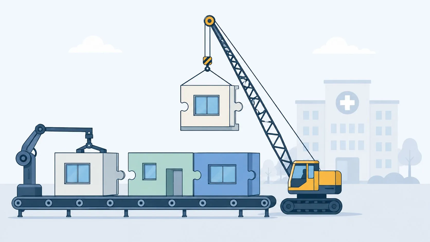 Una grúa de construcción coloca una pieza modular con forma de rompecabezas sobre una línea de ensamblaje industrial.