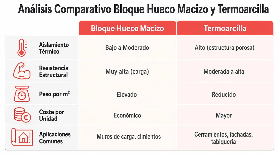 Tabla comparativa de las propiedades técnicas y usos del bloque hueco macizo frente al ladrillo termoarcilla.