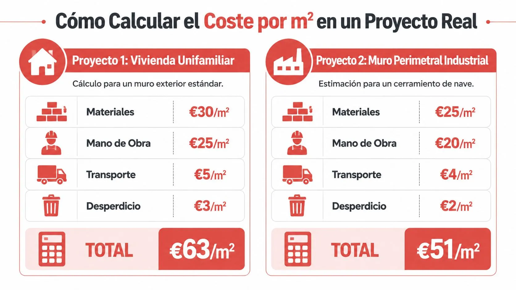 Infografía que muestra el cálculo comparativo del coste por metro cuadrado para dos tipos de proyectos constructivos.
