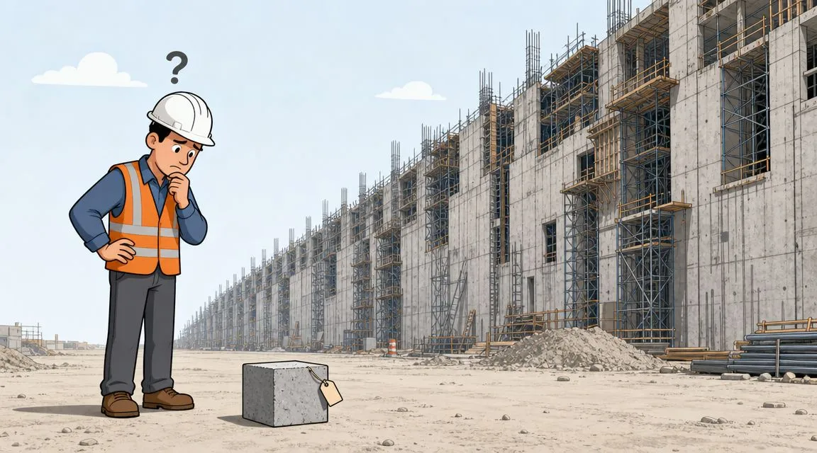 Un ingeniero con casco observa con curiosidad un bloque de hormigón etiquetado en una obra en construcción.