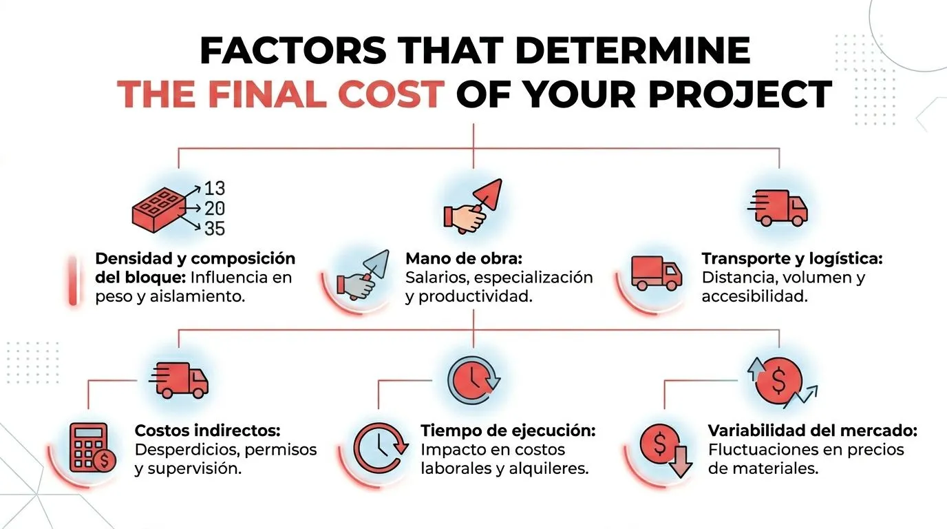 Infografía sobre los factores que determinan el costo final de un proyecto de construcción con bloques.