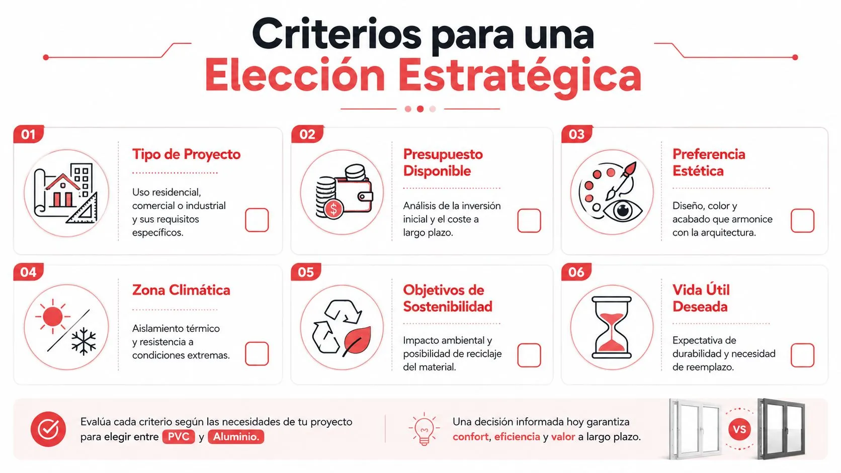 Infografía con seis criterios estratégicos para elegir entre ventanas de PVC y aluminio en proyectos constructivos.