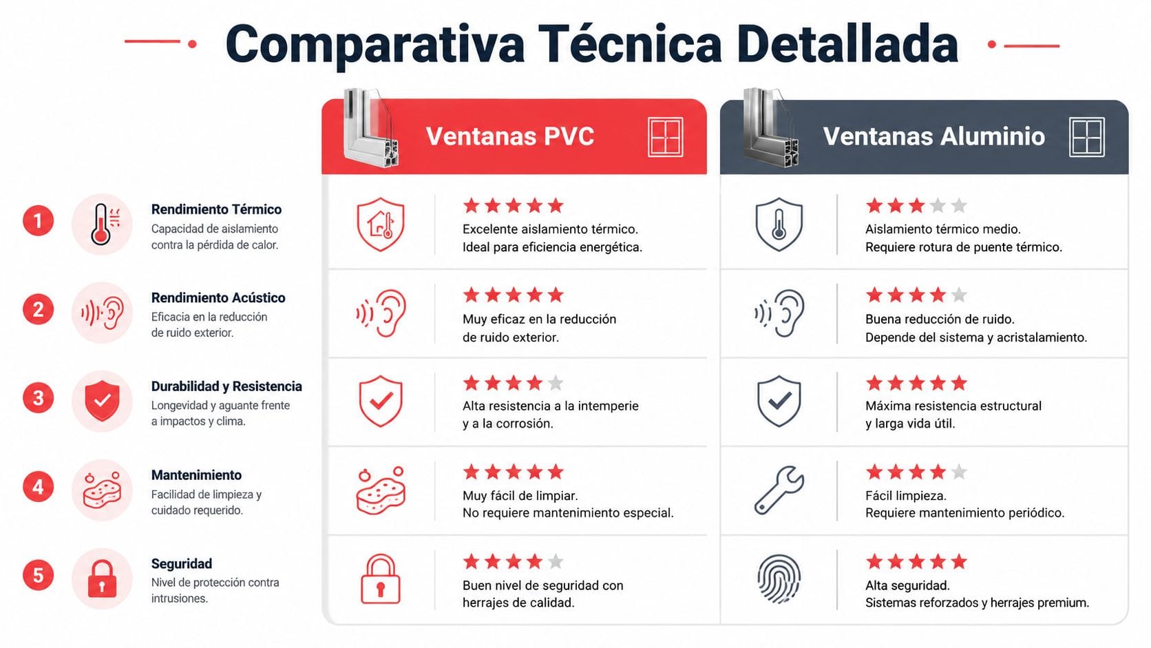 Tabla comparativa detallada mostrando las diferencias técnicas y características principales entre ventanas de PVC y de aluminio.