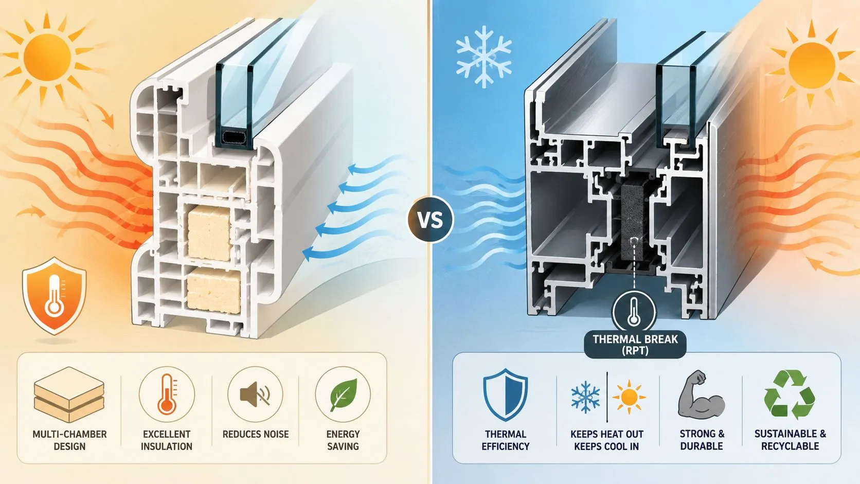Comparativa técnica entre perfiles de ventanas de PVC y aluminio mostrando su eficiencia térmica y diseño.