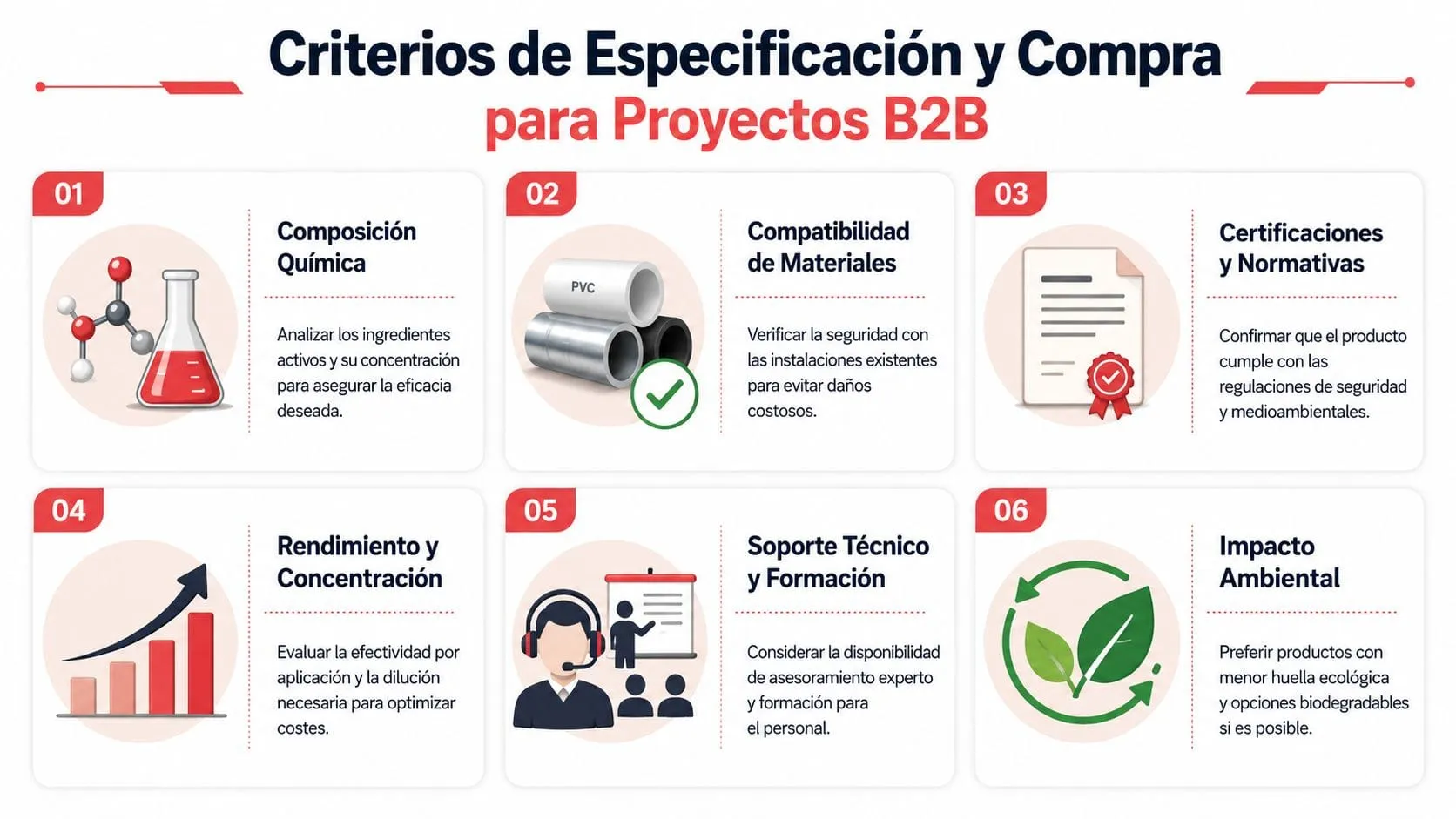 Infografía sobre criterios clave para la especificación y compra de productos en proyectos B2B industriales.