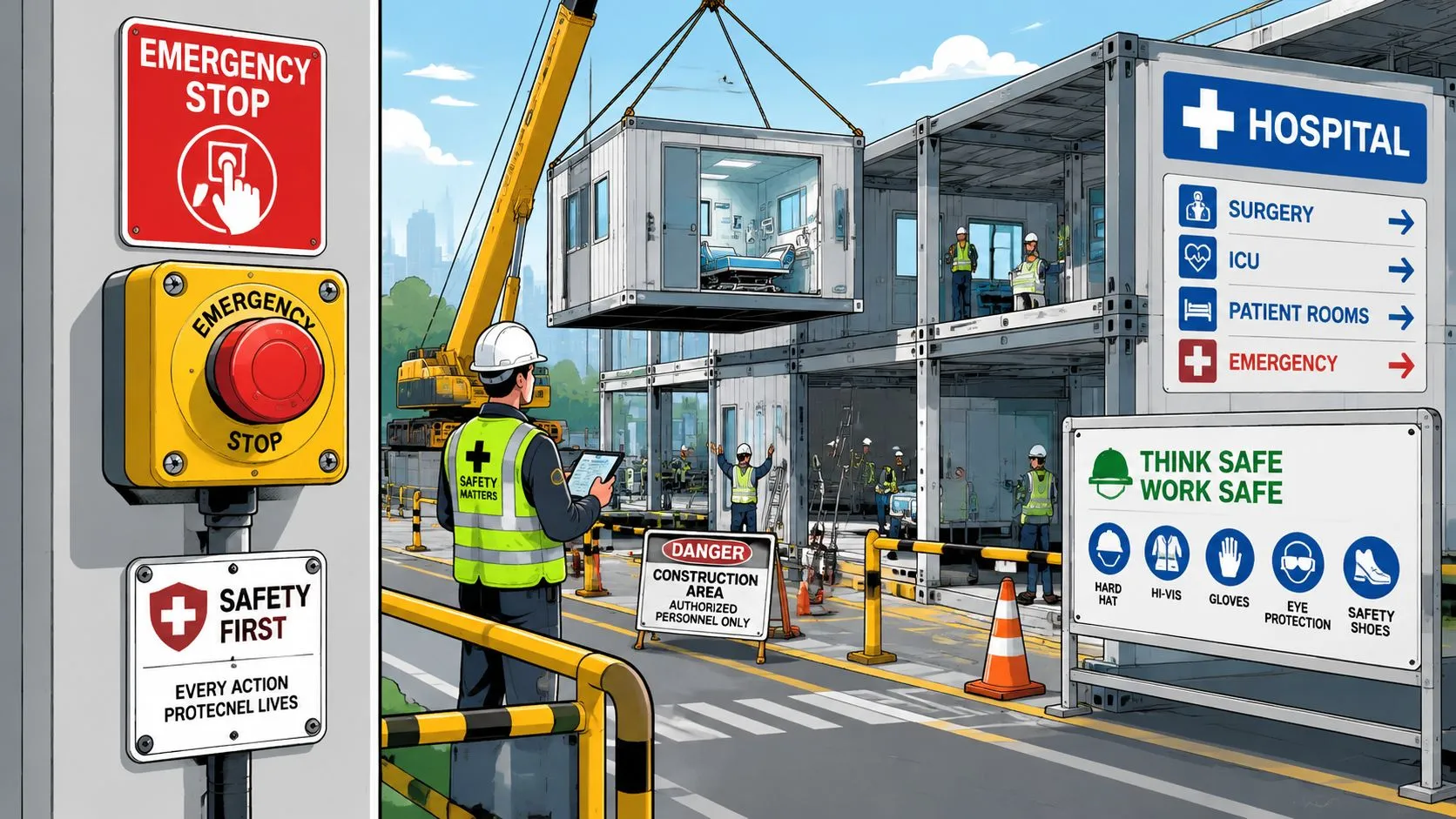 Trabajador de construcción supervisando la instalación de un módulo hospitalario con protocolos de seguridad y señalización preventiva.