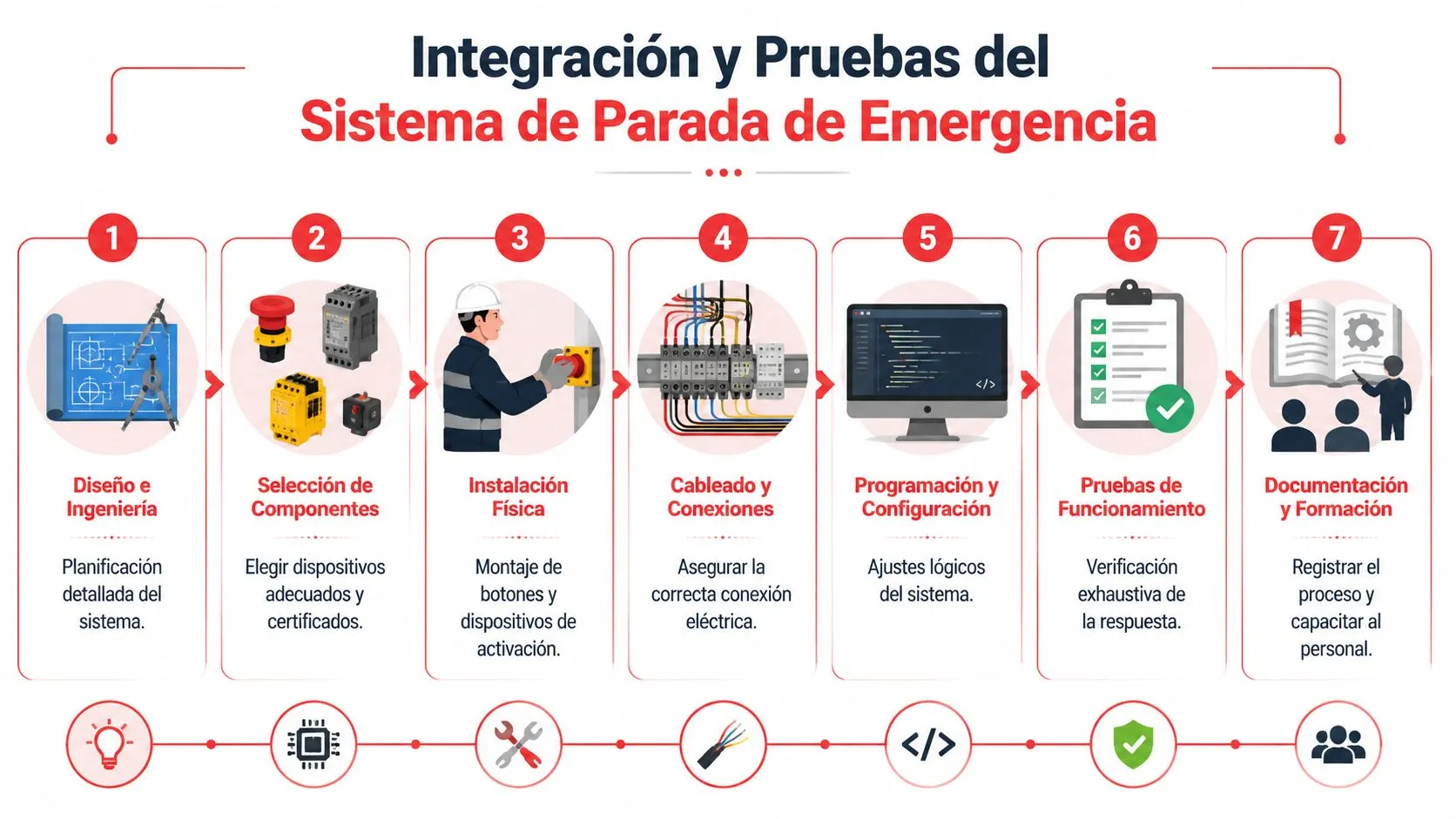 Diagrama de siete pasos que ilustra el proceso de integración y pruebas de un sistema de parada de emergencia.