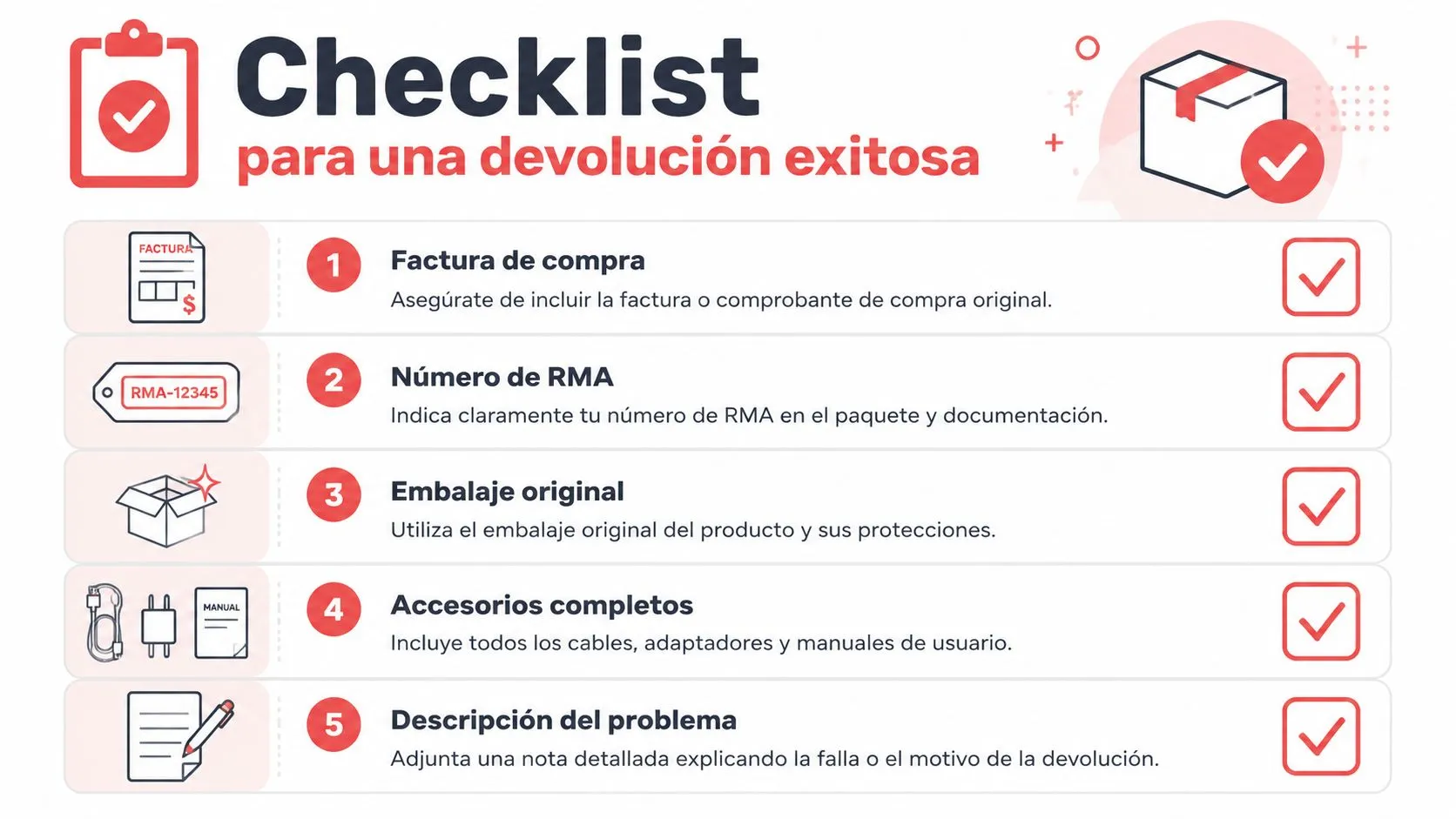 Lista de verificación para una devolución exitosa de productos con instrucciones claras sobre embalaje y documentación necesaria.
