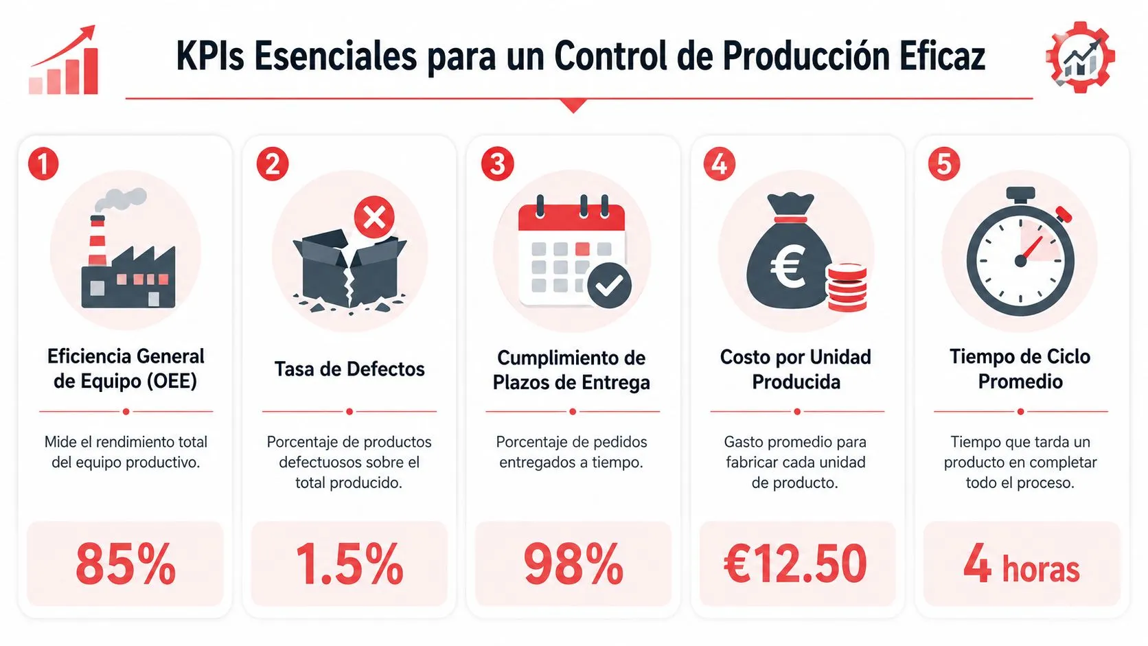 Infografía que muestra cinco KPIs esenciales para optimizar el control y la eficiencia de la producción industrial.