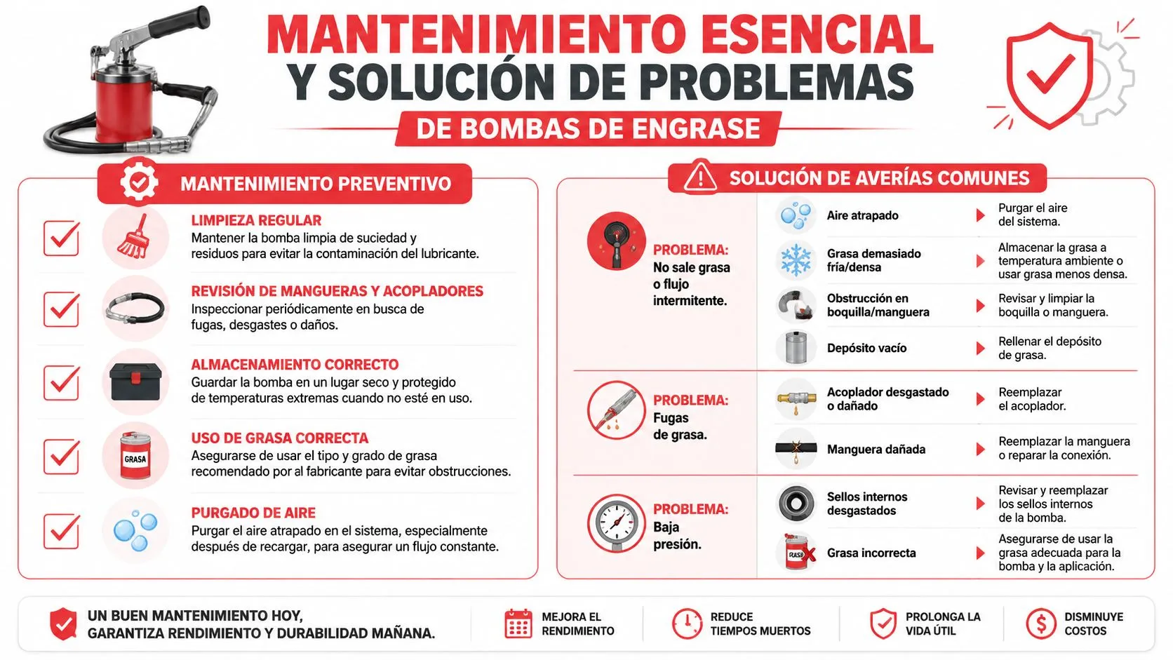 Infografía sobre mantenimiento preventivo y solución de problemas comunes en bombas de engrase manuales.
