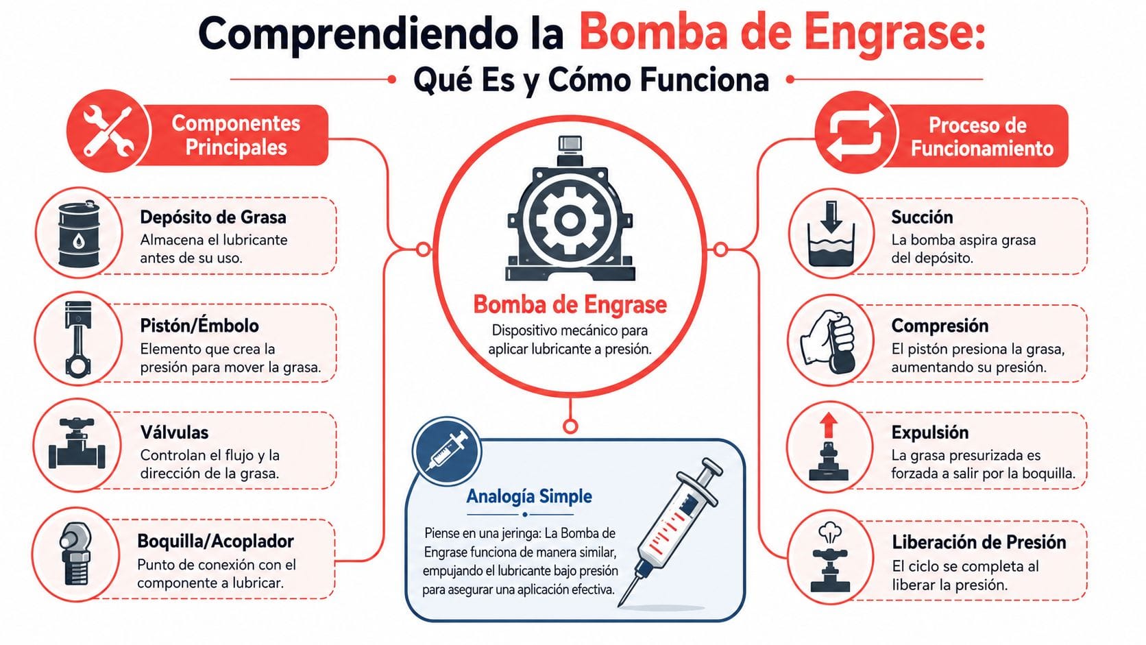 Infografía educativa que explica los componentes principales y el funcionamiento técnico de una bomba de engrase industrial.
