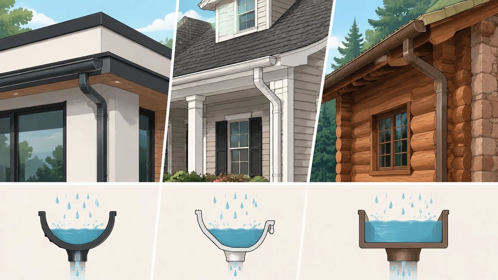 Tres ejemplos diferentes de diseños de canalones instalados en casas para la recolección y drenaje de agua pluvial.