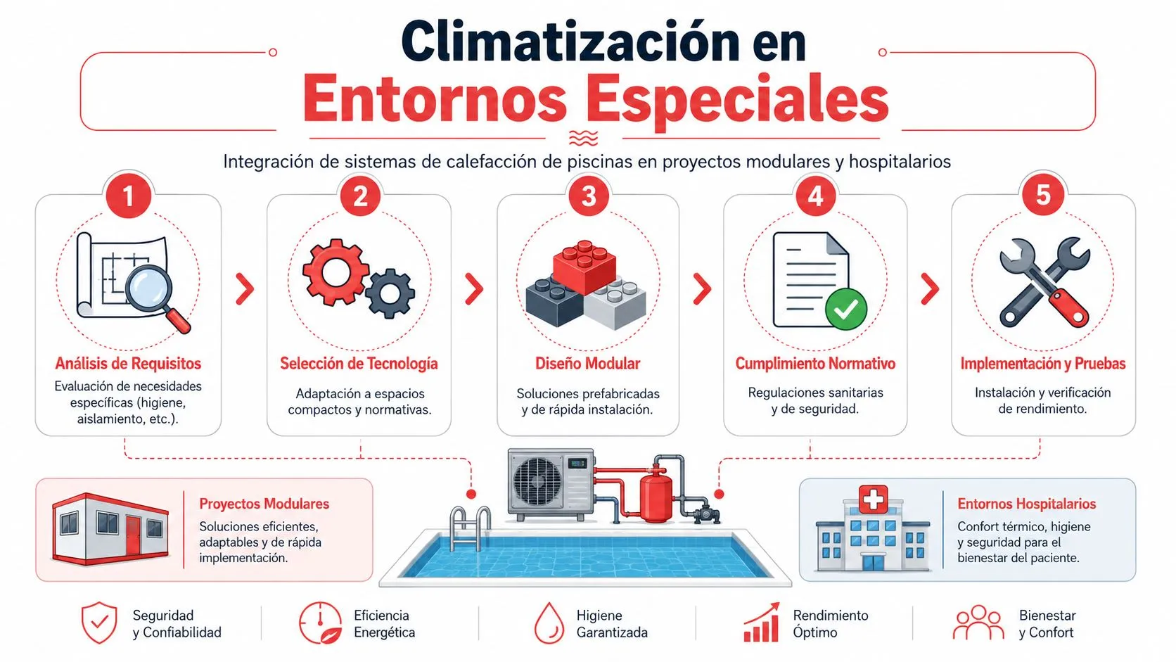 Infografía sobre la climatización de piscinas en entornos hospitalarios y proyectos modulares para asegurar confort y seguridad.