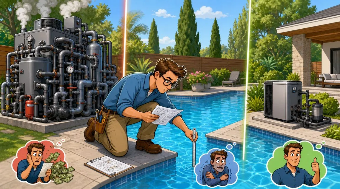 Un técnico evalúa sistemas de calefacción para piscina, comparando opciones costosas e ineficientes con una solución moderna.