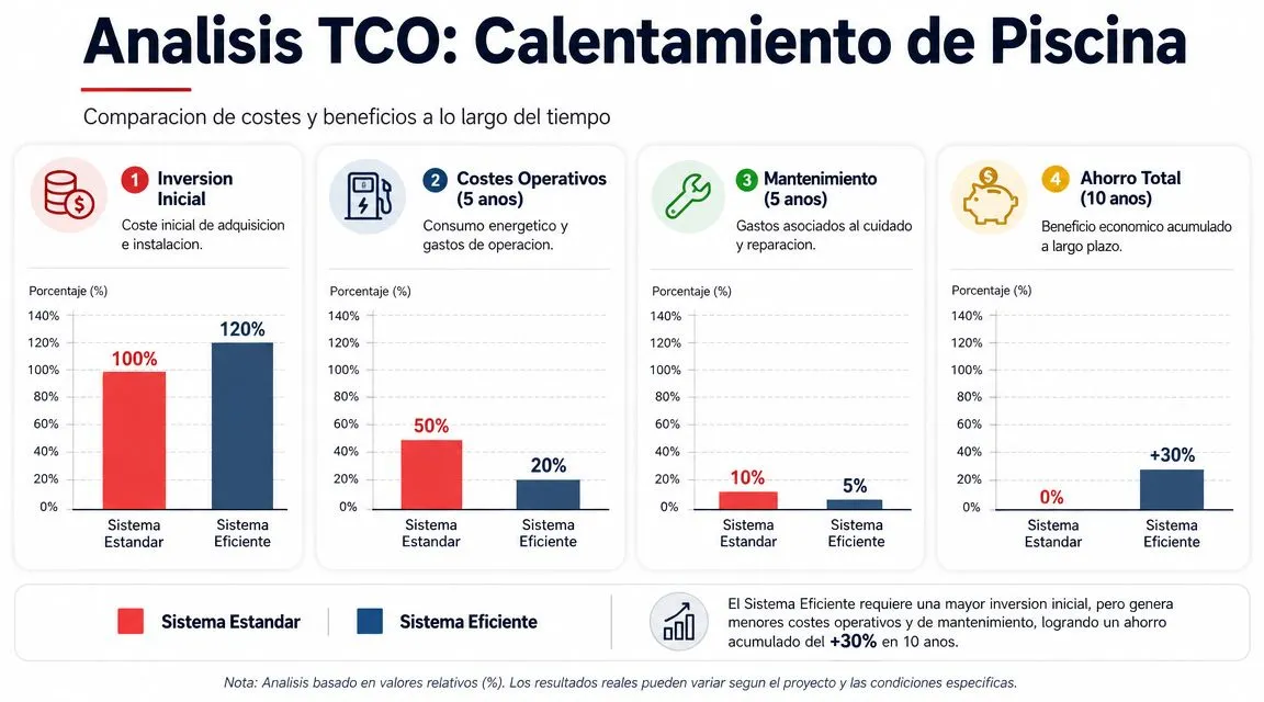 Gráfico comparativo del costo total de propiedad entre un sistema de calentamiento de piscina estándar y uno eficiente.