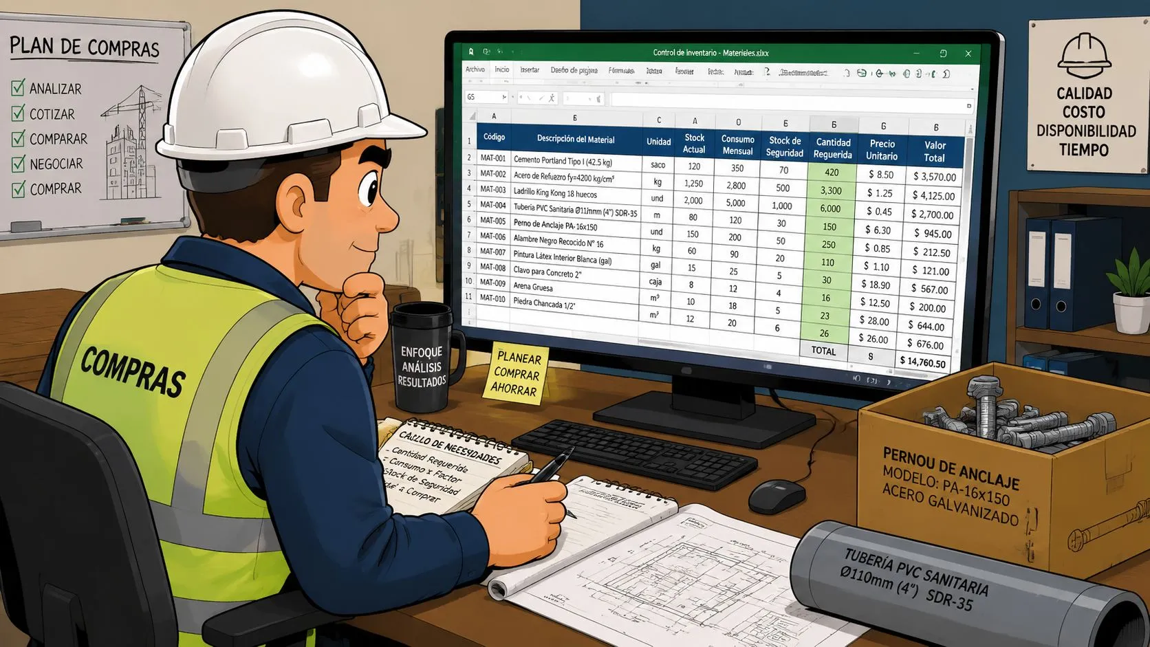 Un ingeniero en su oficina analizando niveles de stock y materiales de construcción en una computadora.