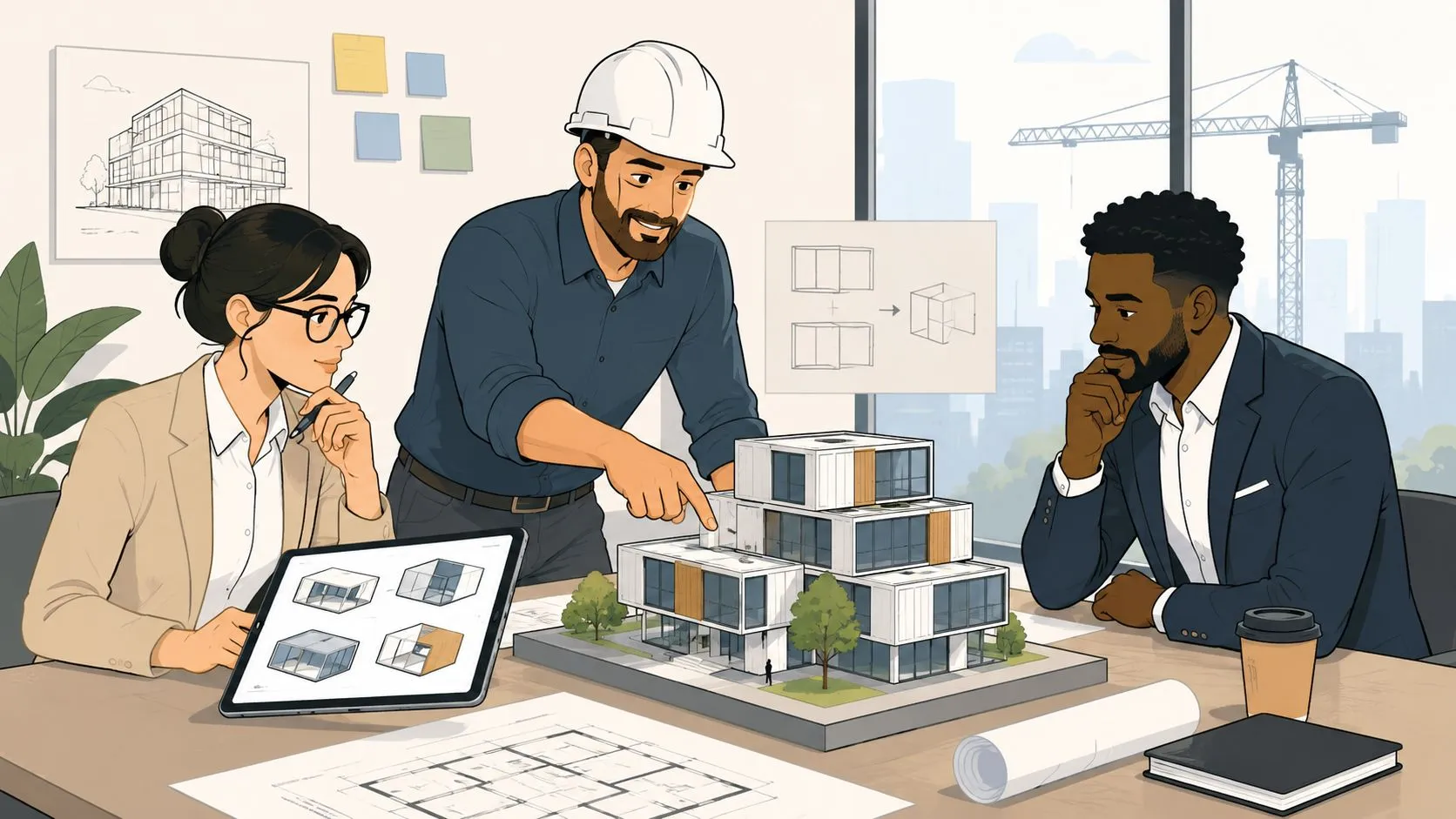 Equipo de arquitectos revisando un modelo de construcción modular industrializada en una oficina de diseño profesional.
