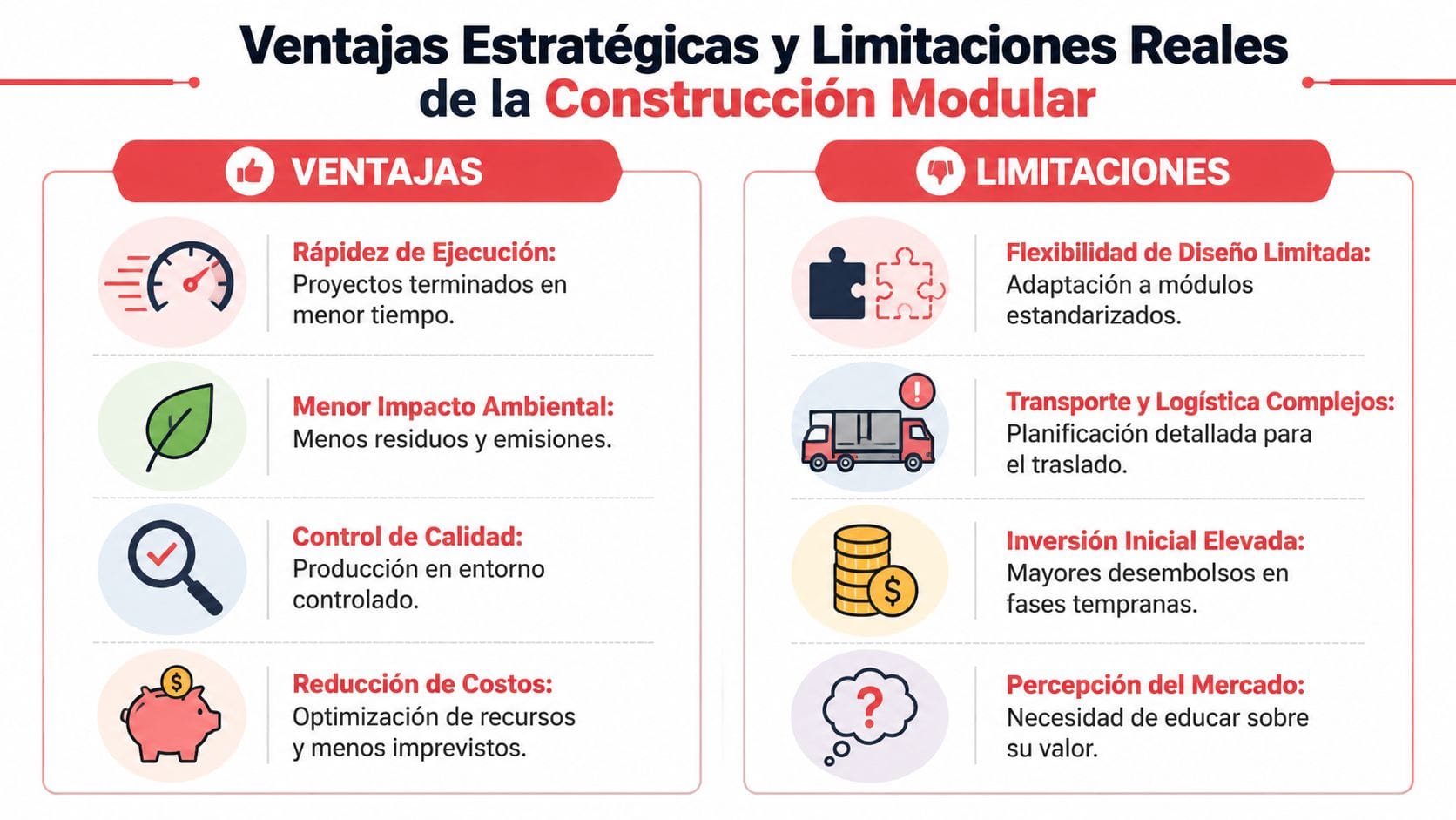 Infografía que muestra las ventajas estratégicas y las limitaciones reales de implementar la construcción modular industrializada.