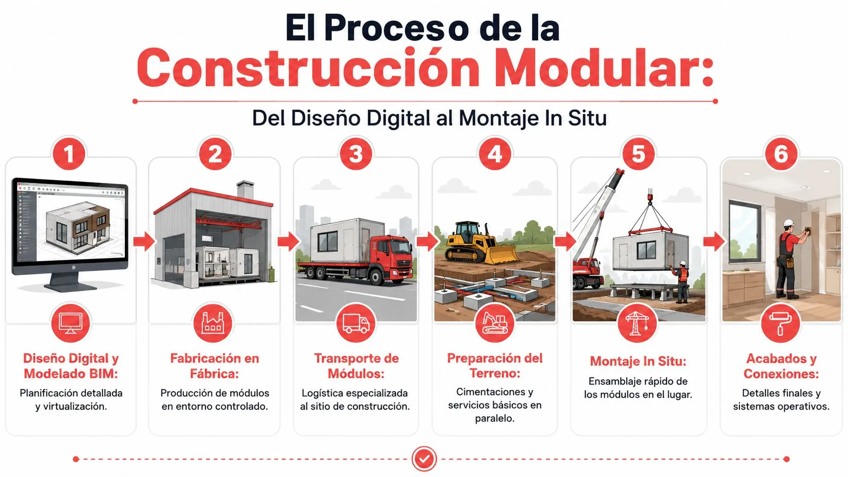 Infografía que detalla los seis pasos del proceso de construcción modular, desde el diseño digital hasta los acabados finales.