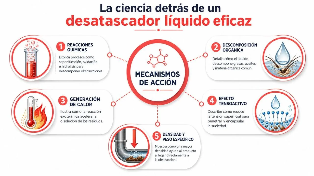 Infografía sobre la ciencia y mecanismos de acción detrás de un eficaz desatascador de tuberías líquido.