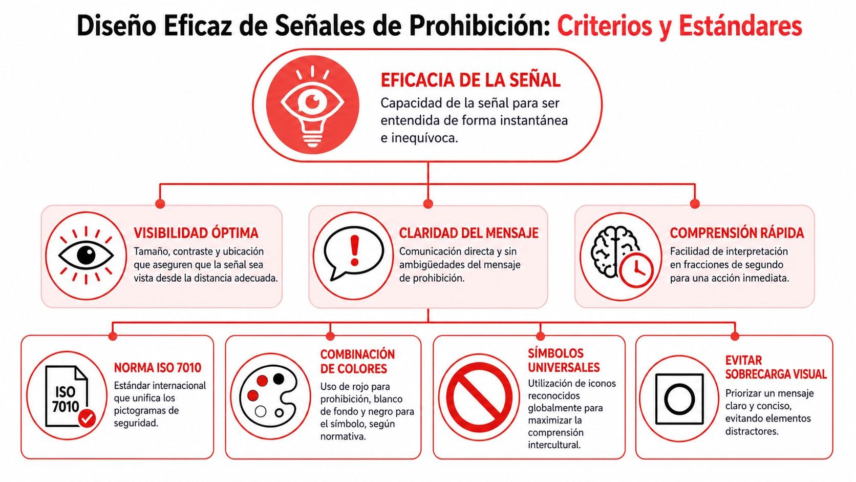 Infografía sobre los criterios y estándares para un diseño eficaz de señales de prohibición de seguridad.