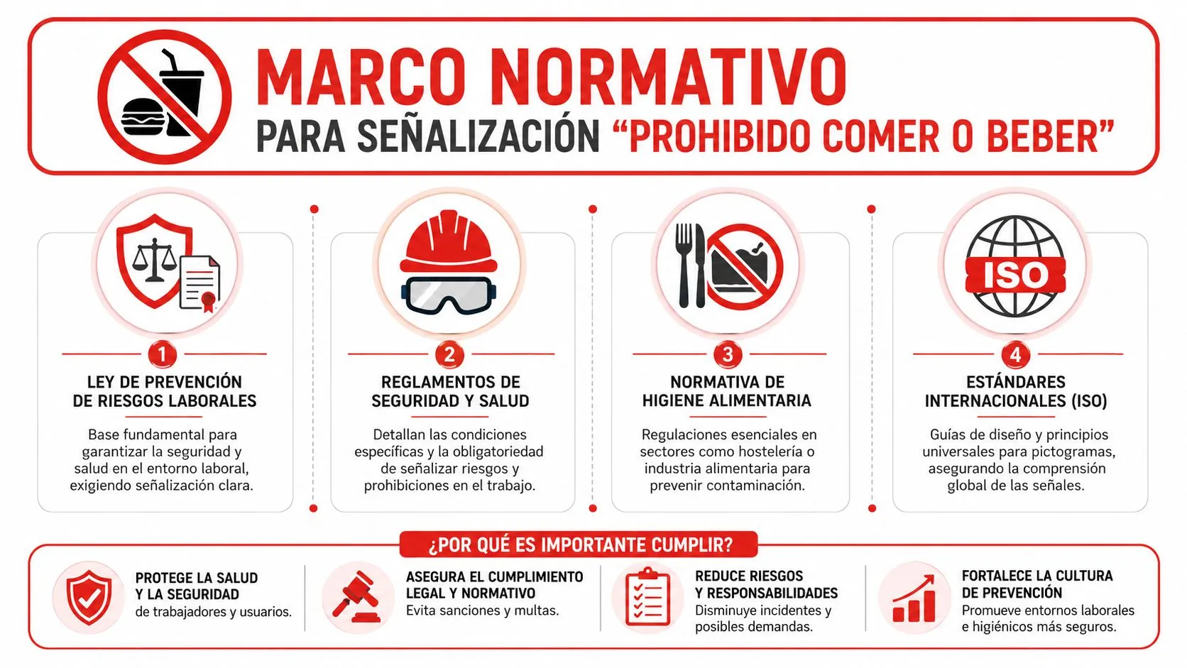 Infografía sobre el marco normativo para la señalización de prohibido comer o beber en entornos laborales.