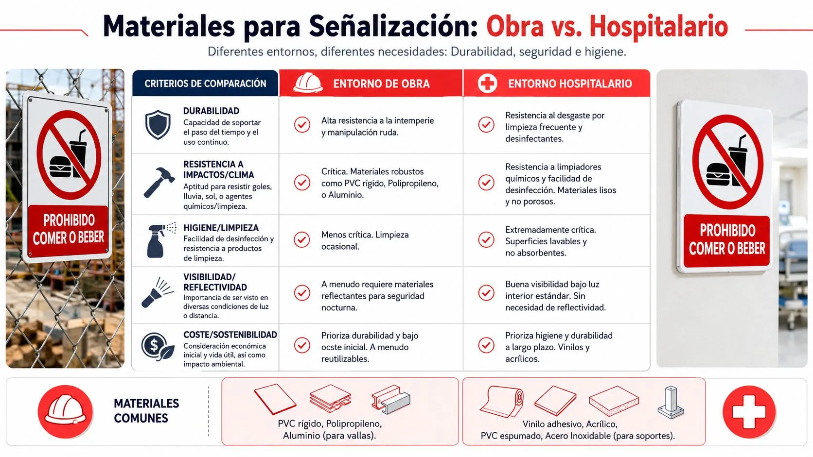 Tabla comparativa de materiales para señalización de seguridad entre entornos de construcción y entornos hospitalarios.