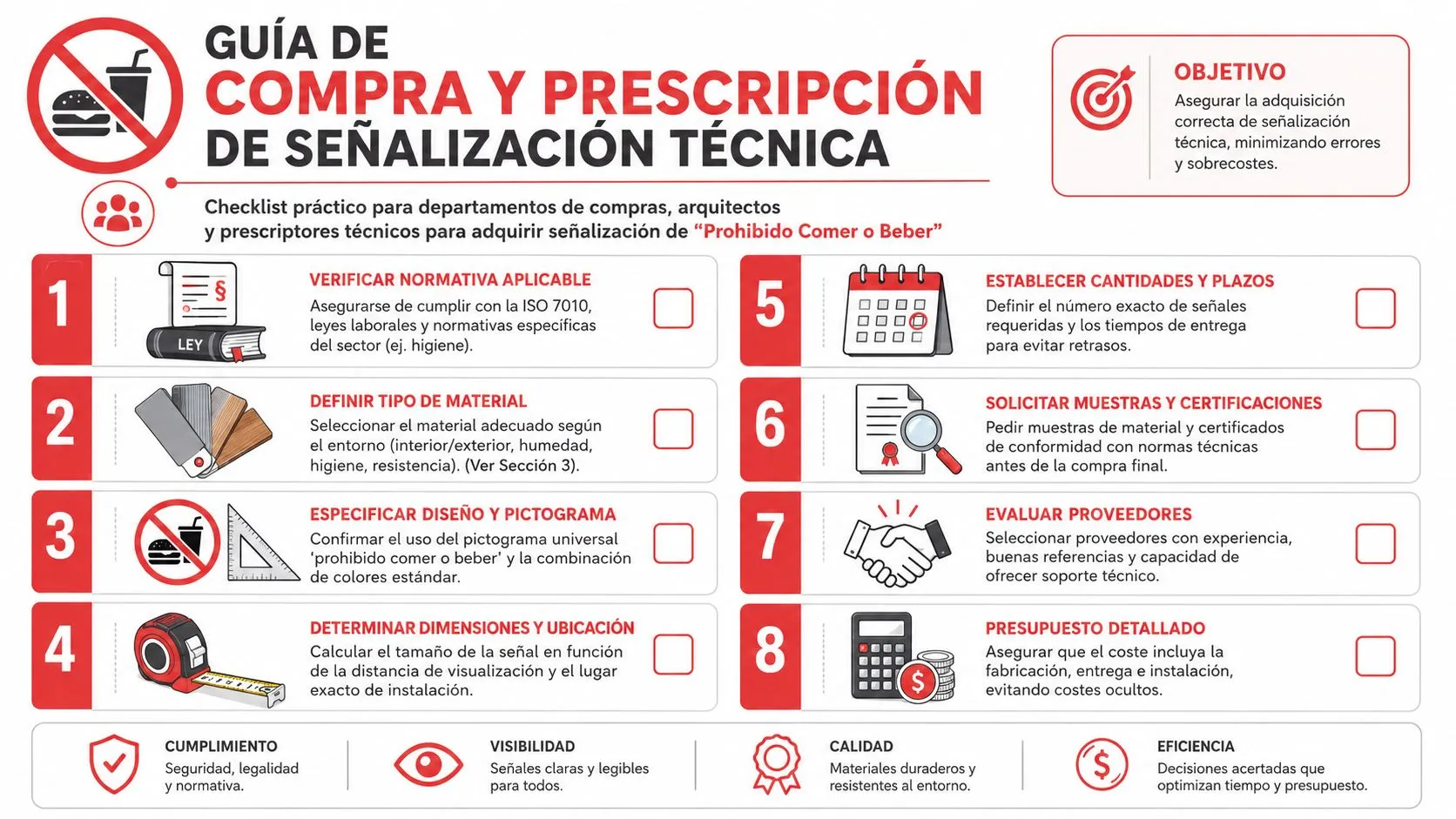 Guía práctica con ocho pasos esenciales para la compra y prescripción técnica de señalética de prohibido comer o beber.
