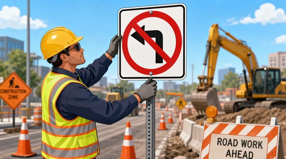 Un trabajador de la construcción instalando una señal de prohibido girar a la izquierda en una zona urbana.
