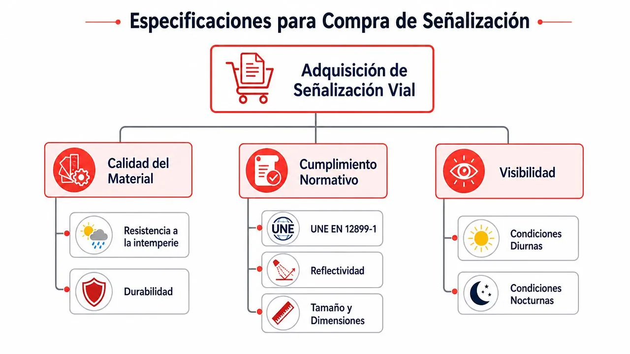 Diagrama que muestra los requisitos técnicos y normativos esenciales para la adquisición correcta de señalización vial profesional.