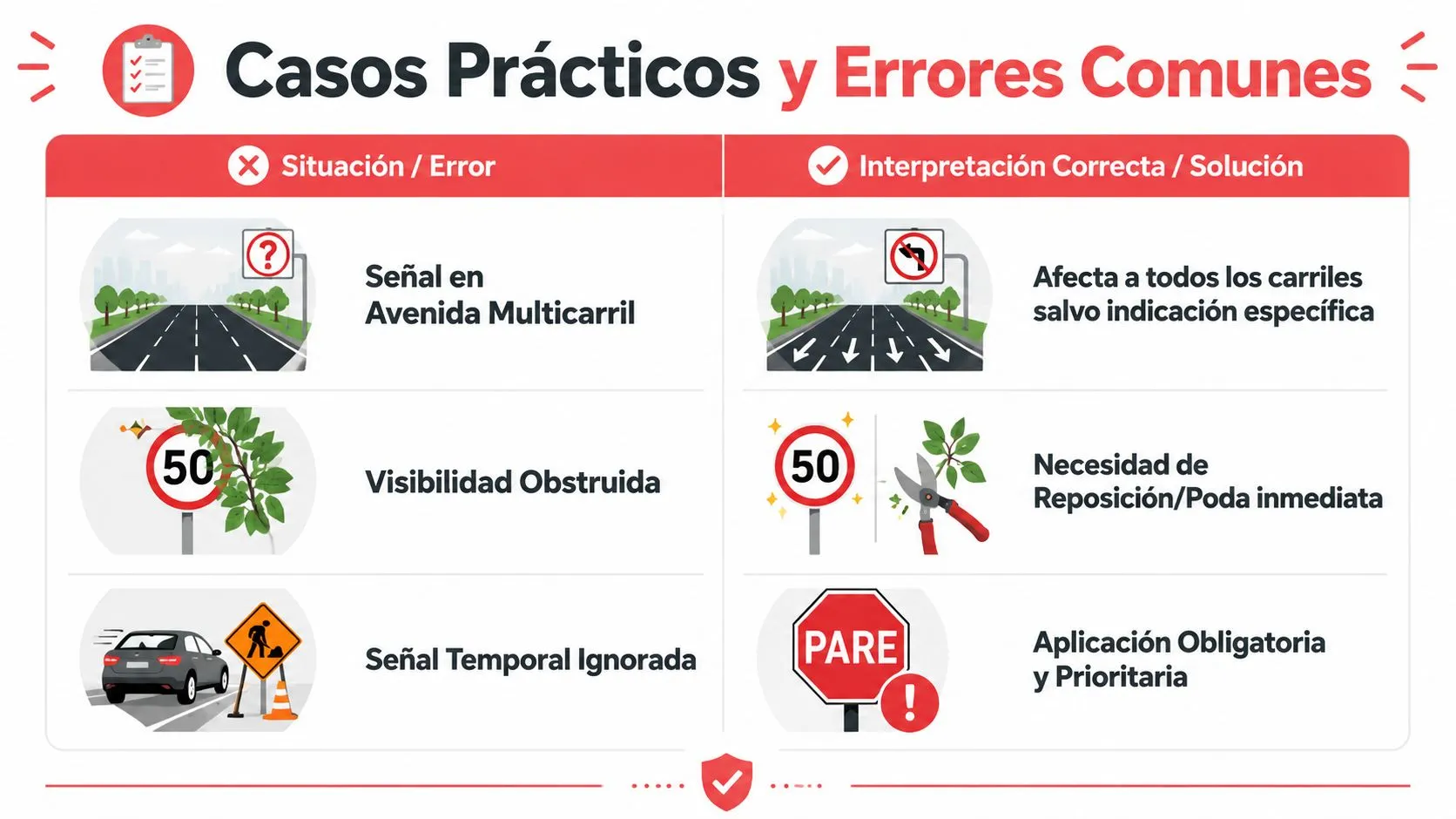 Infografía sobre casos prácticos de señalización vial, errores comunes, su interpretación correcta y soluciones de seguridad.