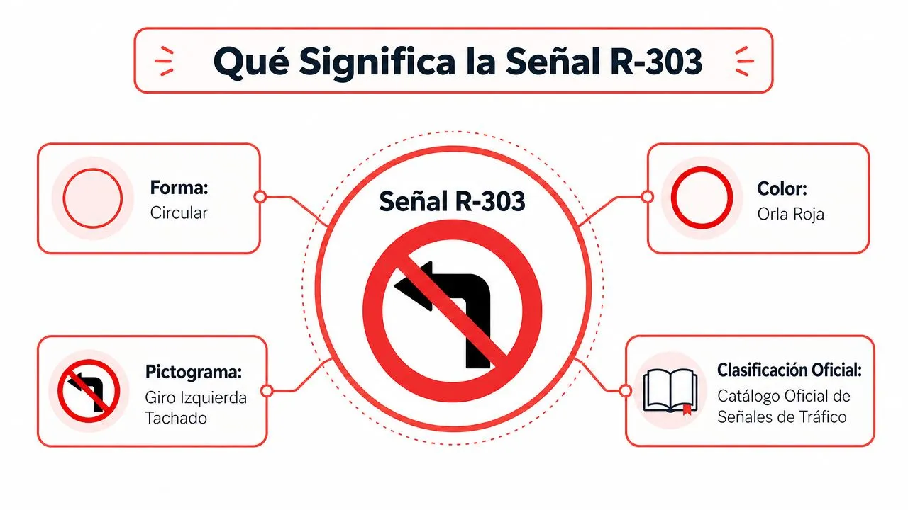 Gráfico explicativo que muestra la señal de tráfico R-303 que prohíbe girar a la izquierda.