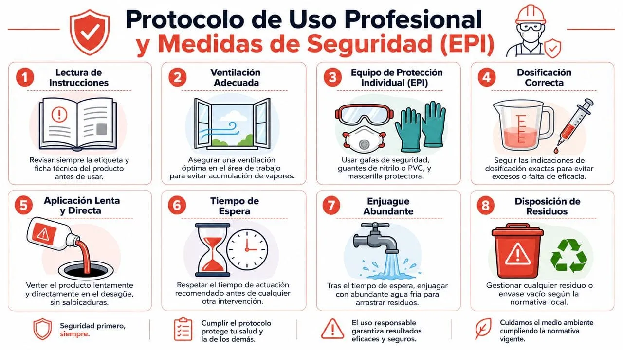 Infografía sobre el protocolo de seguridad para el uso profesional de productos químicos desatascadores de tuberías.