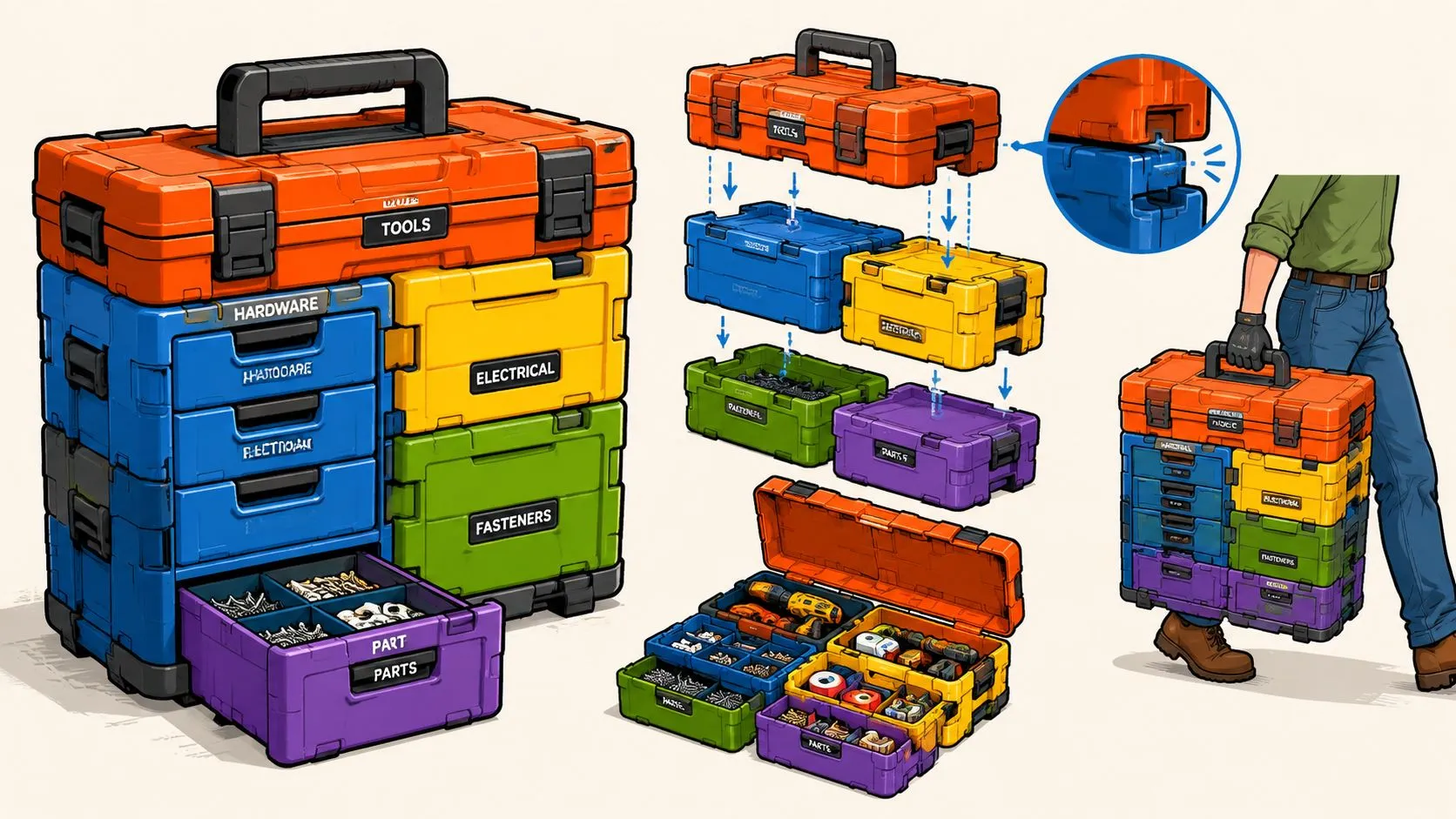 Sistema de cajas de herramientas profesionales modulares y apilables de colores para organizar equipos de trabajo