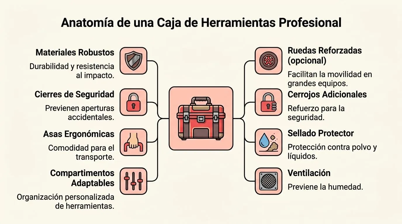 Diagrama detallado sobre la anatomía y características esenciales de una caja de herramientas profesional y duradera.