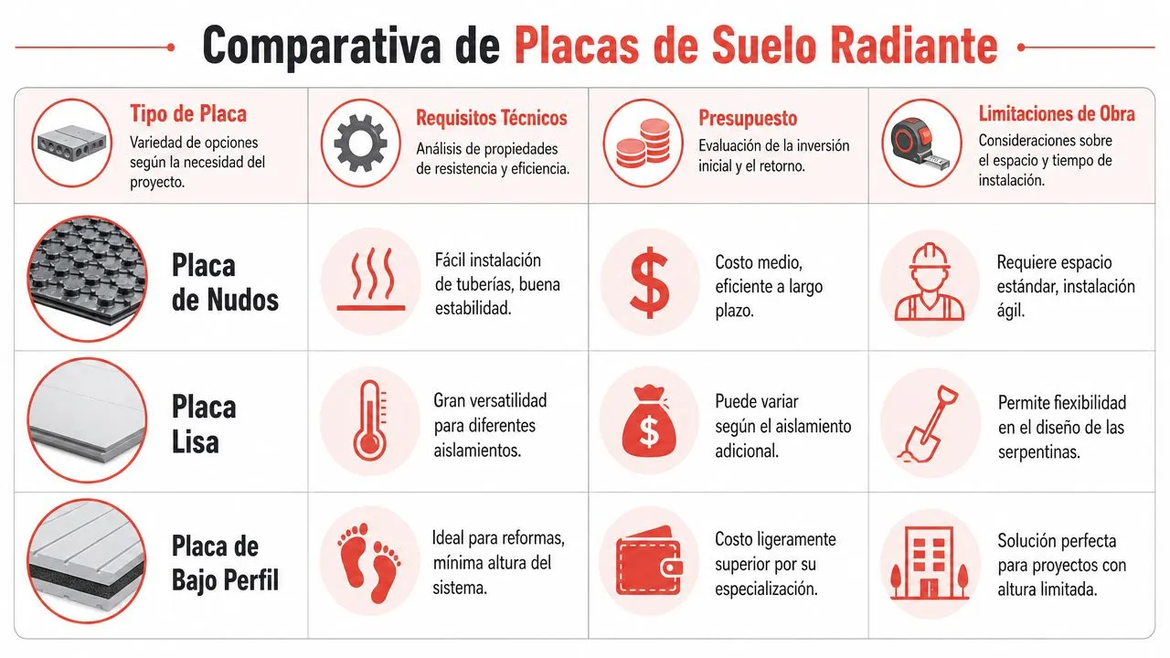 Tabla comparativa de placas para suelo radiante mostrando tipos, requisitos técnicos, presupuesto y limitaciones de obra.