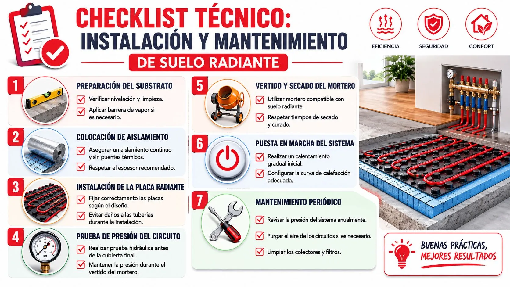 Lista de verificación técnica para la correcta instalación y el mantenimiento preventivo de sistemas de suelo radiante.