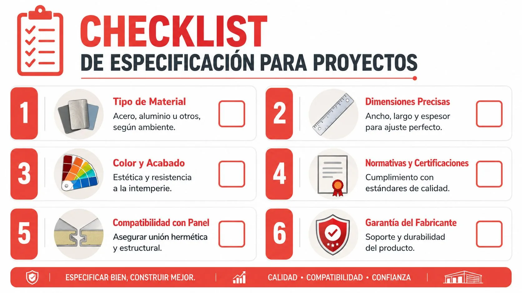 Lista de verificación para la especificación técnica de proyectos con paneles sandwich y materiales de construcción.