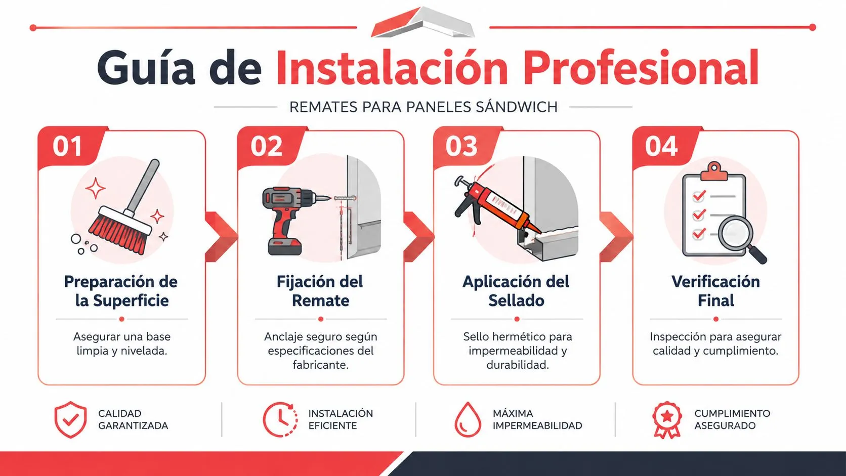 Guía visual con cuatro pasos esenciales para la correcta instalación profesional de remates en paneles sándwich.