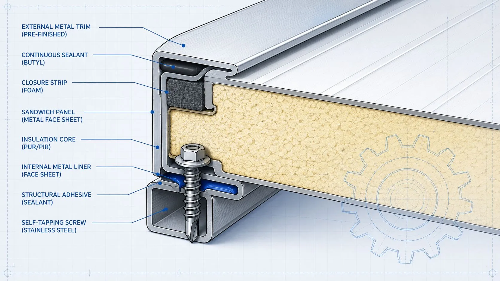 Detalle técnico de la instalación de remates laterales en un panel sándwich aislante con tornillería especializada.