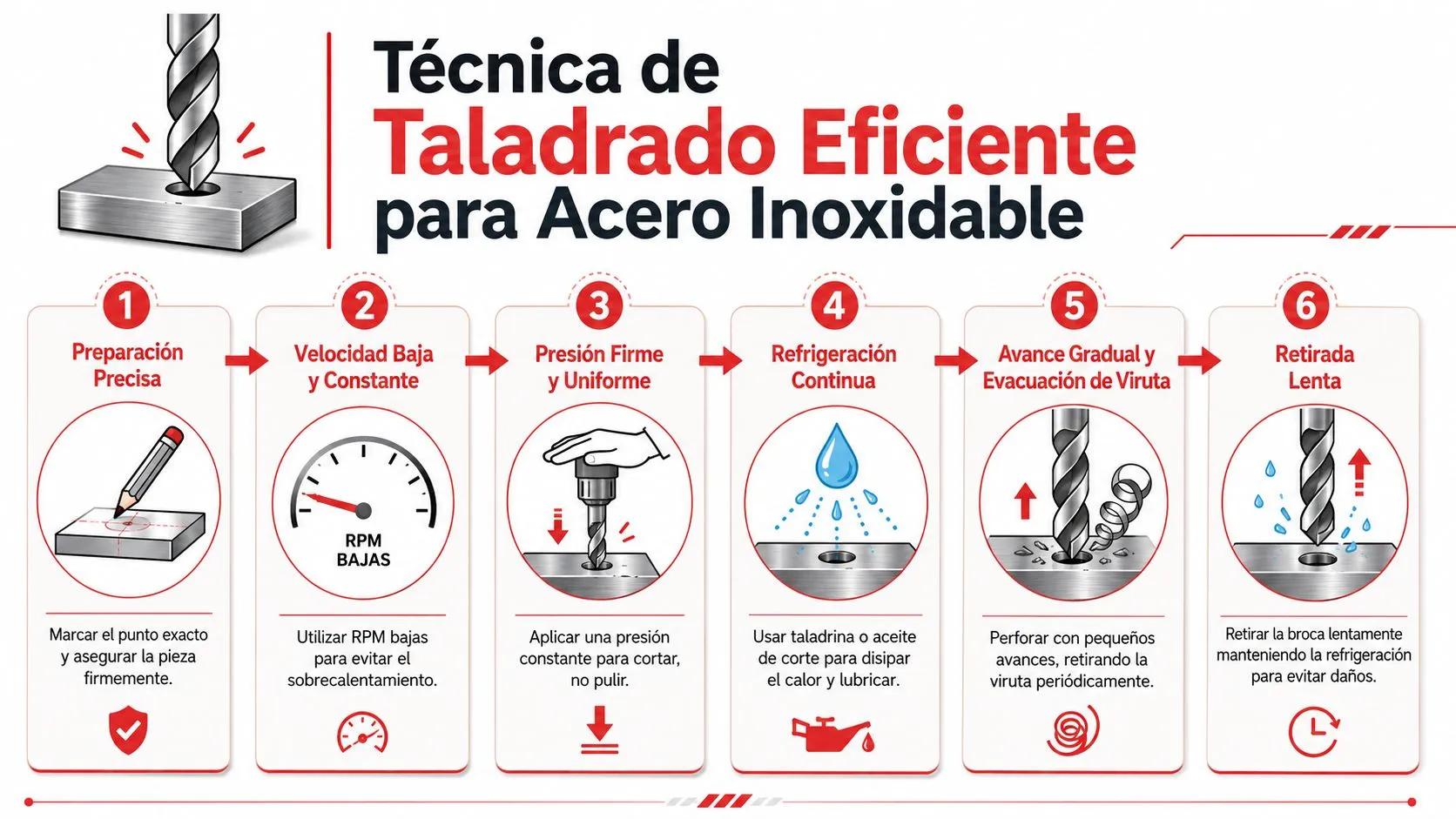 Infografía con seis pasos numerados para realizar un taladrado eficiente en piezas de acero inoxidable.