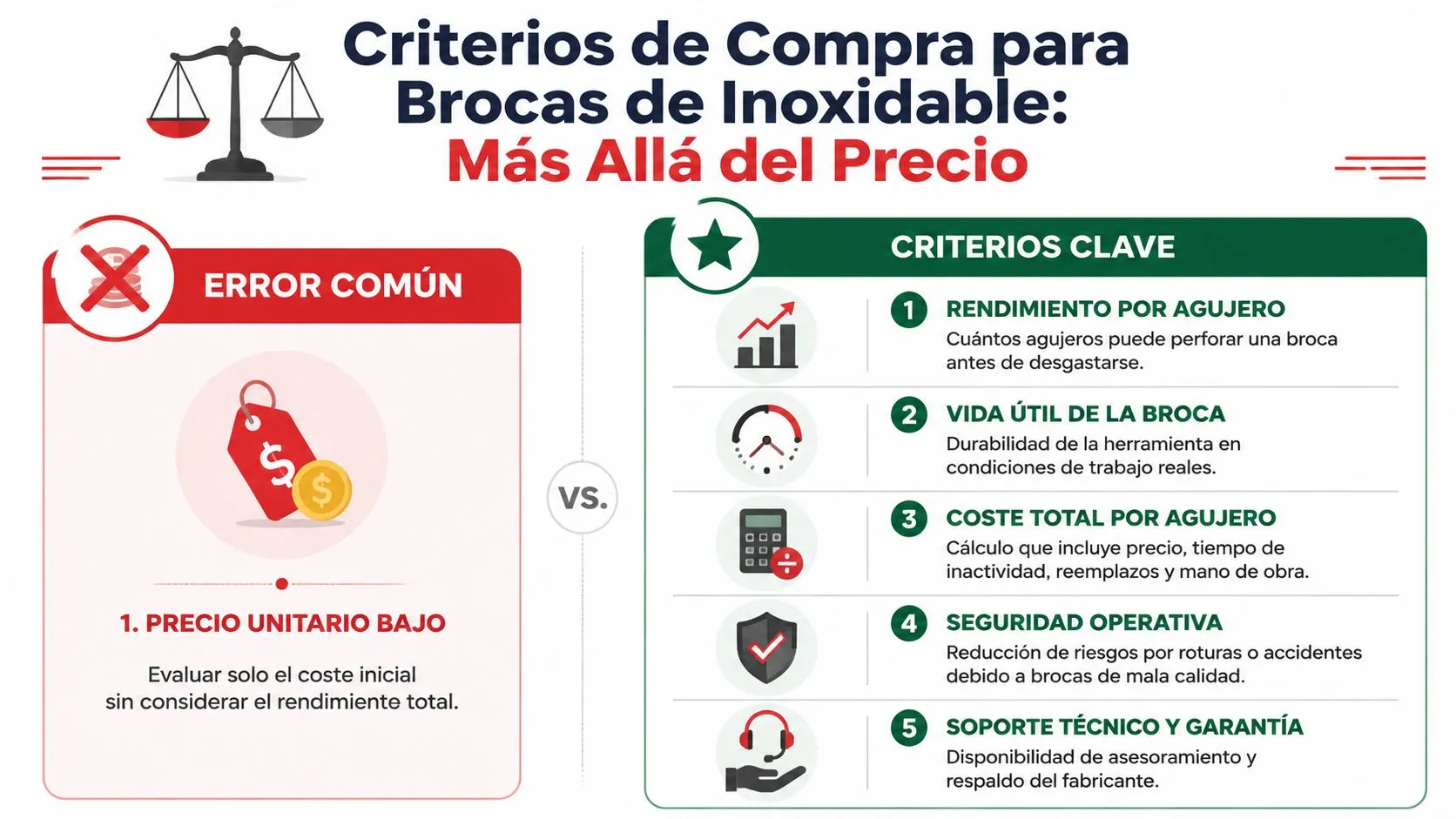Infografía comparativa sobre los criterios de compra para brocas de acero inoxidable más allá del precio unitario.