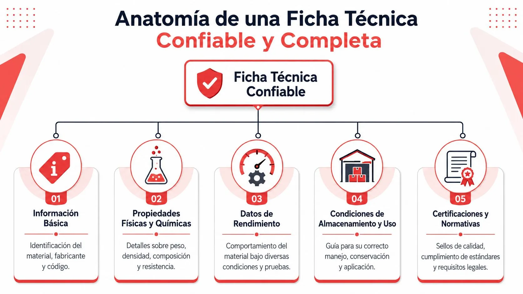 Infografía mostrando los cinco elementos esenciales para redactar una ficha técnica de materiales confiable y profesional.